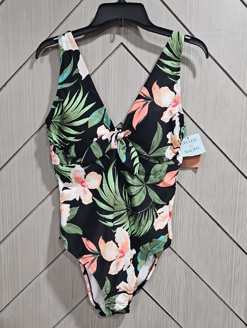 Shade & Shore Black Floral One-Piece with Green Leaves and Peach Blossoms